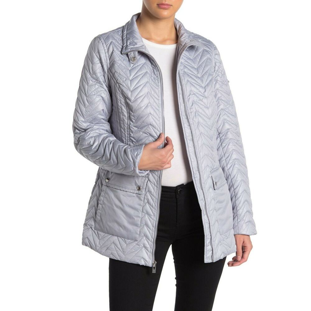 Via Spiga Quilted Cargo Jacket Front Pockets Moonstone Grey S Small